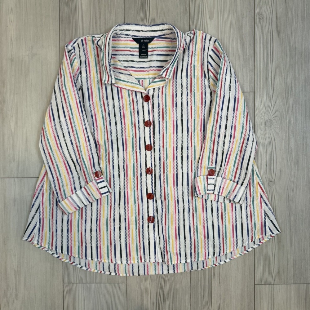 Ali Miles Blouse Large Stripes Multicolor Button Down 3/4 Roll Tap Sleeves‎ Art